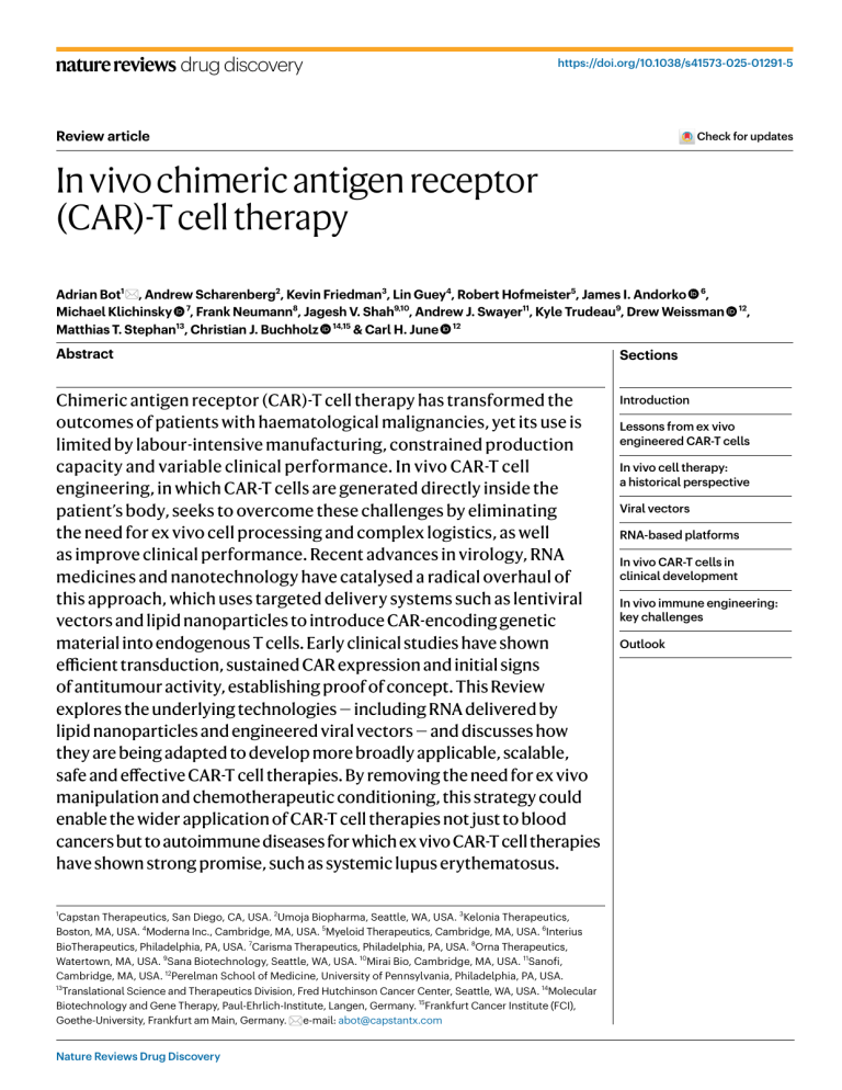 In vivo CAR-T cell therapy: A review of advances in cancer immunotherapy