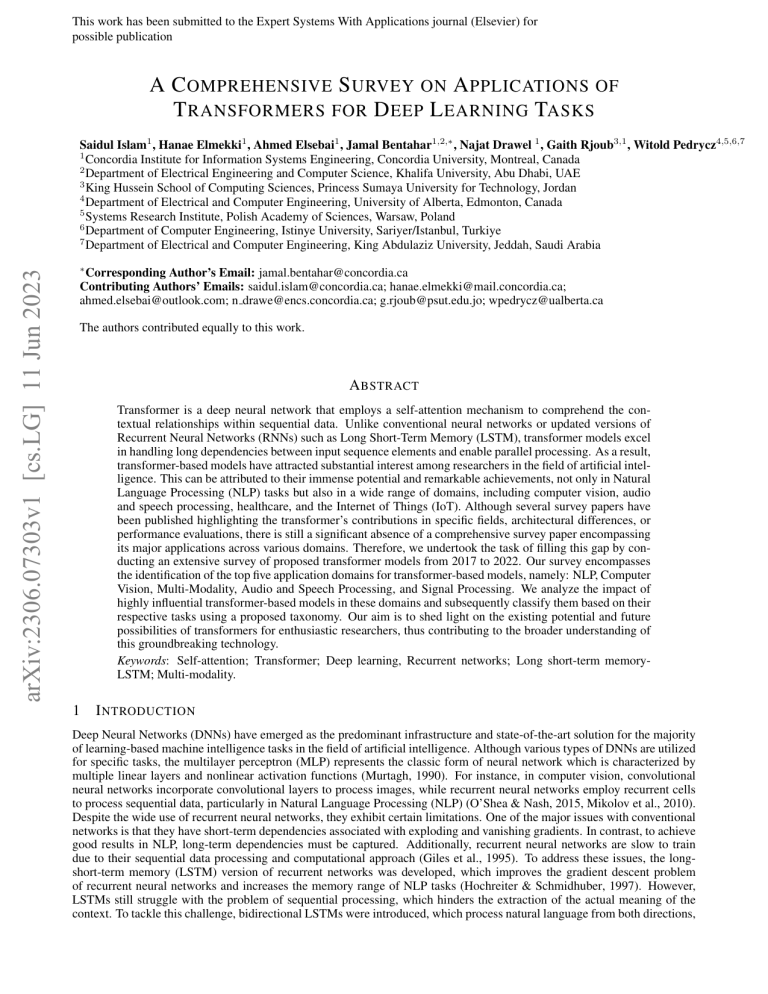 Comprehensive Survey on Transformers for Deep Learning Tasks