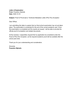 Letter of Explanation for PAL/TAL Exception