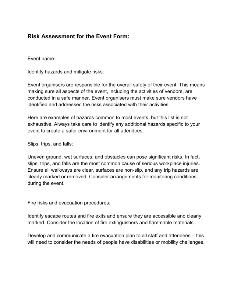 Event Risk Management Form Risk Assessment Form for Events: Identify Hazards & Mitigate Risks