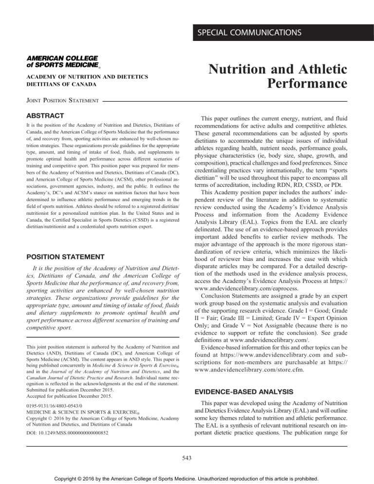 Nutrition and Athletic Performance: Joint Position Statement