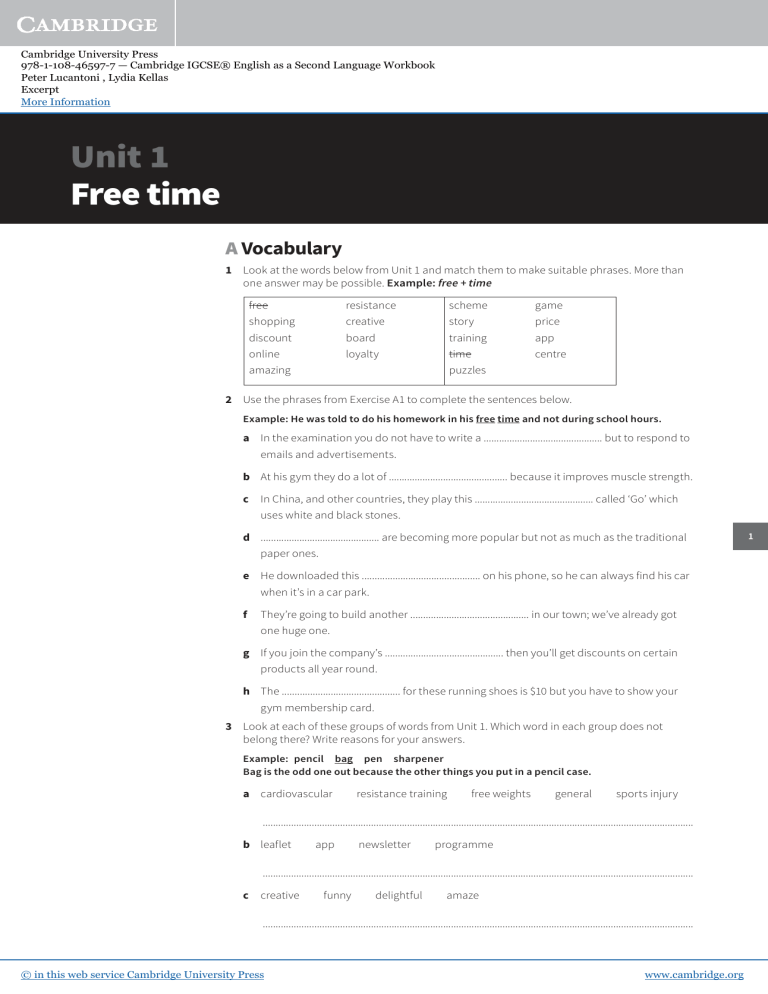 Cambridge IGCSE English as a Second Language Workbook Unit 1