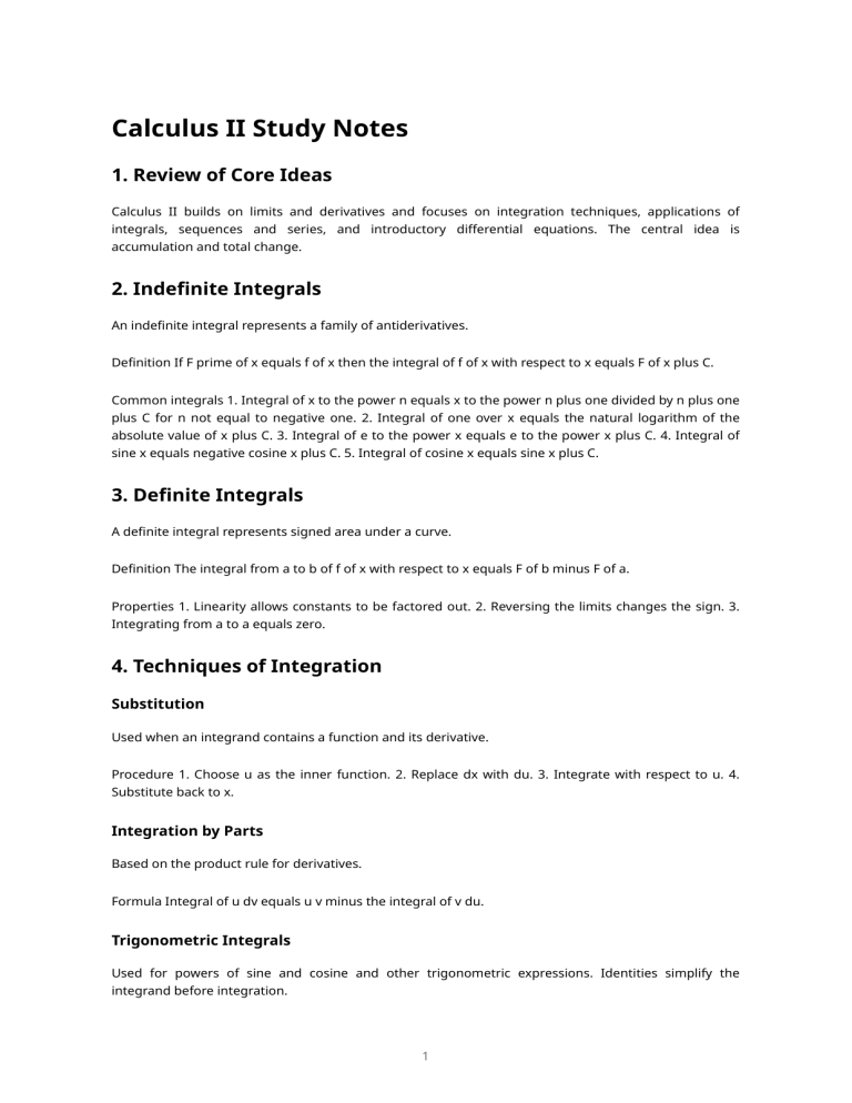 Calculus Ii Study Notes Integration Series Applications