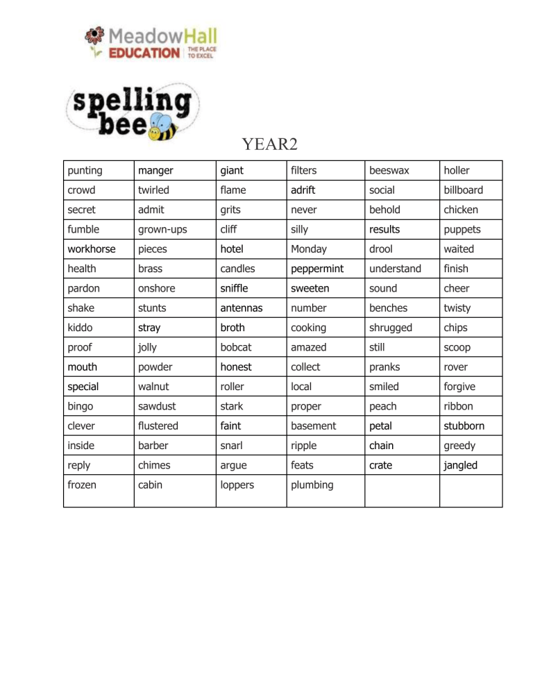 Year 2 Spelling Bee Words