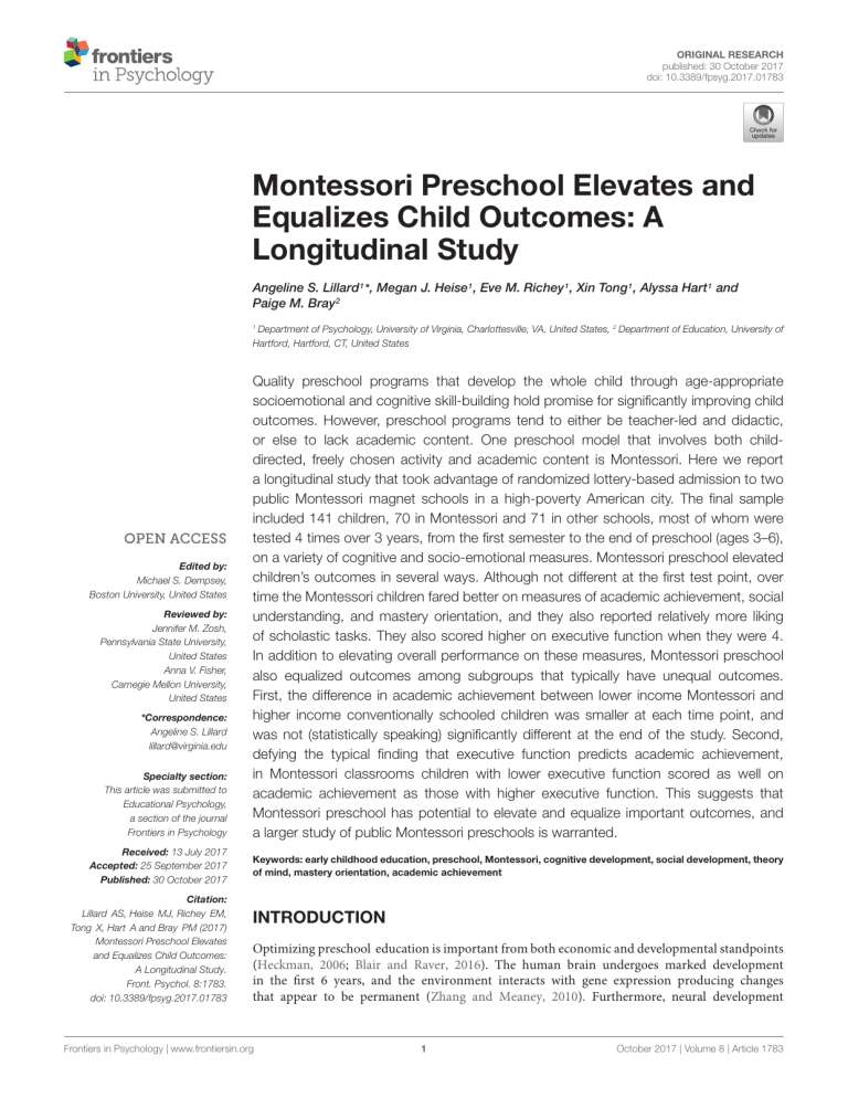 Montessori Preschool Elevates Child Outcomes: Longitudinal Study