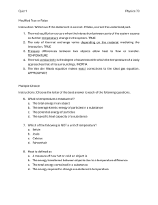 Physics 73 Quiz 1: Thermodynamics & Gas Laws