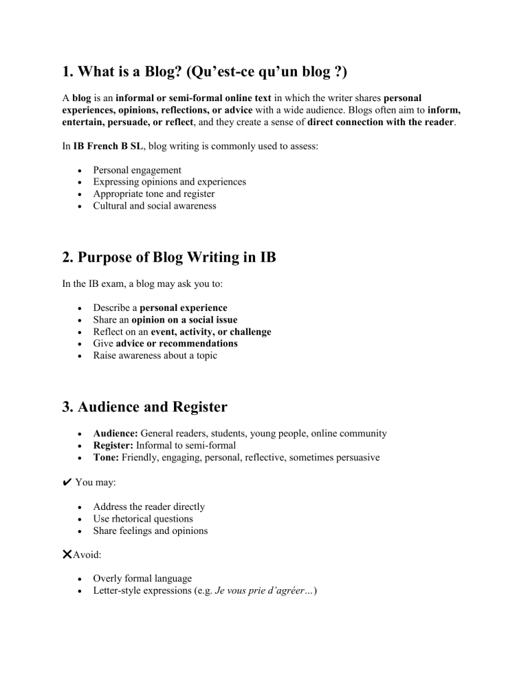 Blog Writing Ib Guide d'écriture de blog pour le IB French B SL