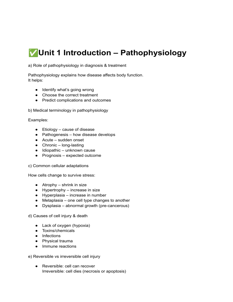Unit 1 Introduction to Pathophysiology