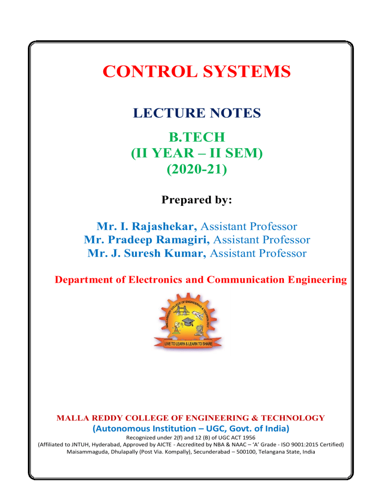 Control Systems Lecture Notes B.Tech II Year