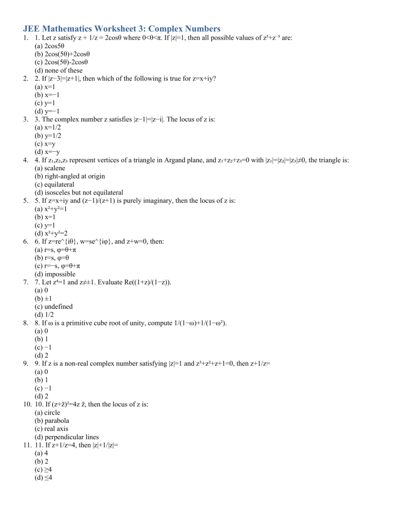 JEE Math Worksheet 3: Complex Numbers Problems