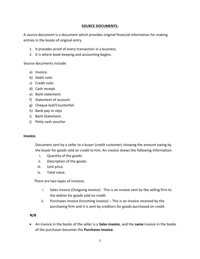 Accounting Source Documents: Invoices, Debits, Credits