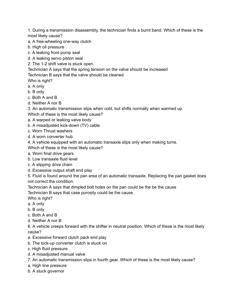 Automatic Transmission Diagnostics Test Questions