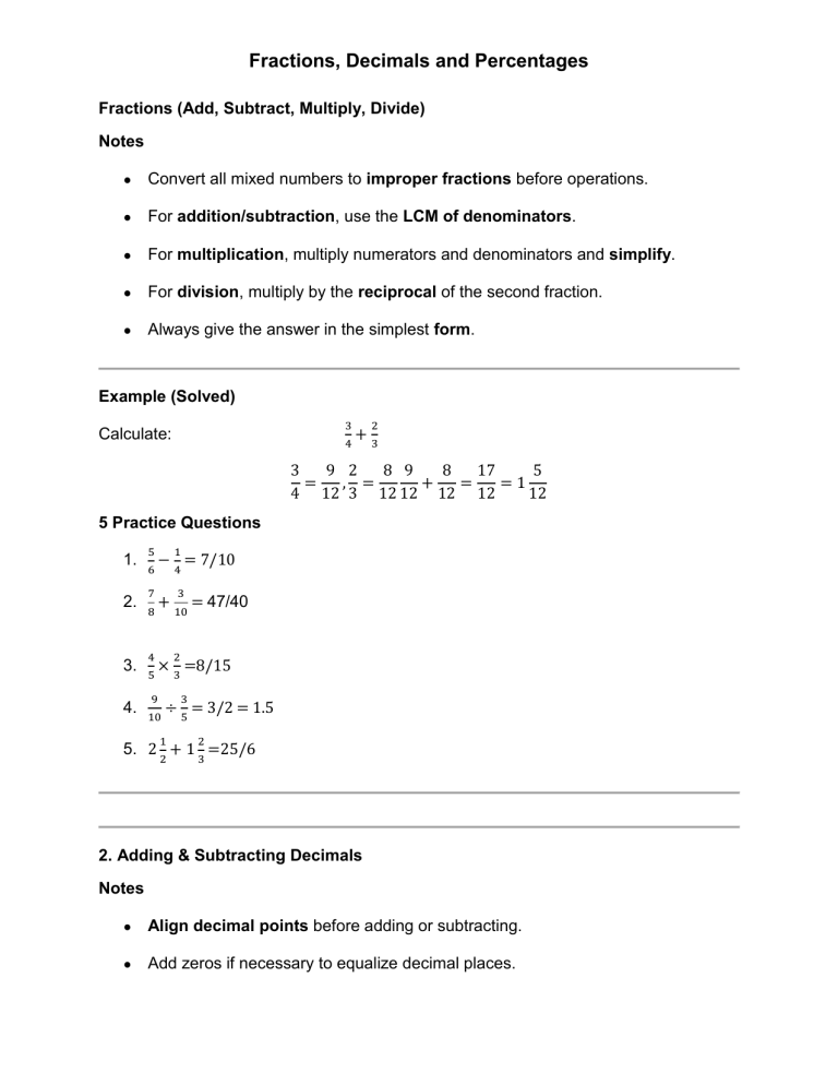 Fractions, Decimals, and Percentages Math Workbook