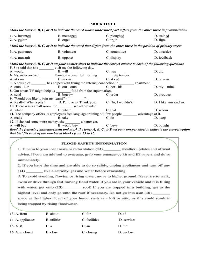 Mock Test 1: English & Flood Safety