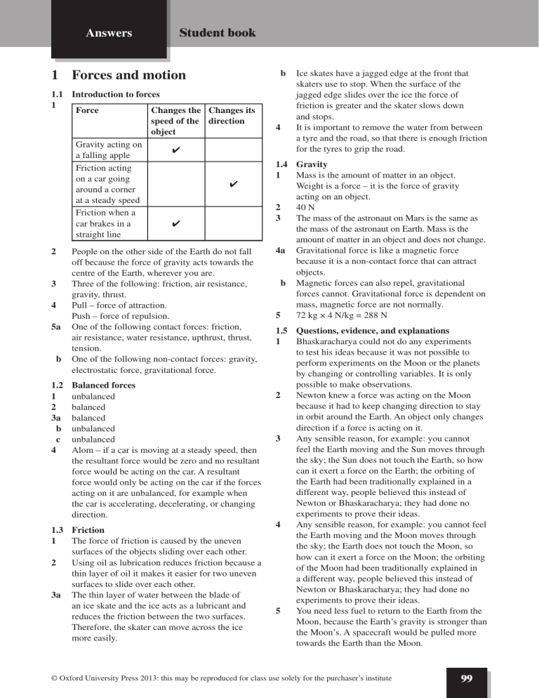 Forces and Motion Student Book Answers