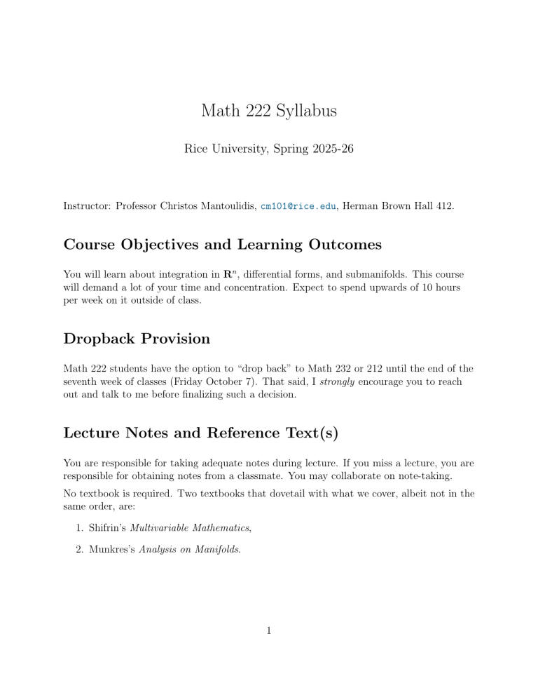 Mth 222 Math Class Math 222 Syllabus - Rice University Spring 2025-26