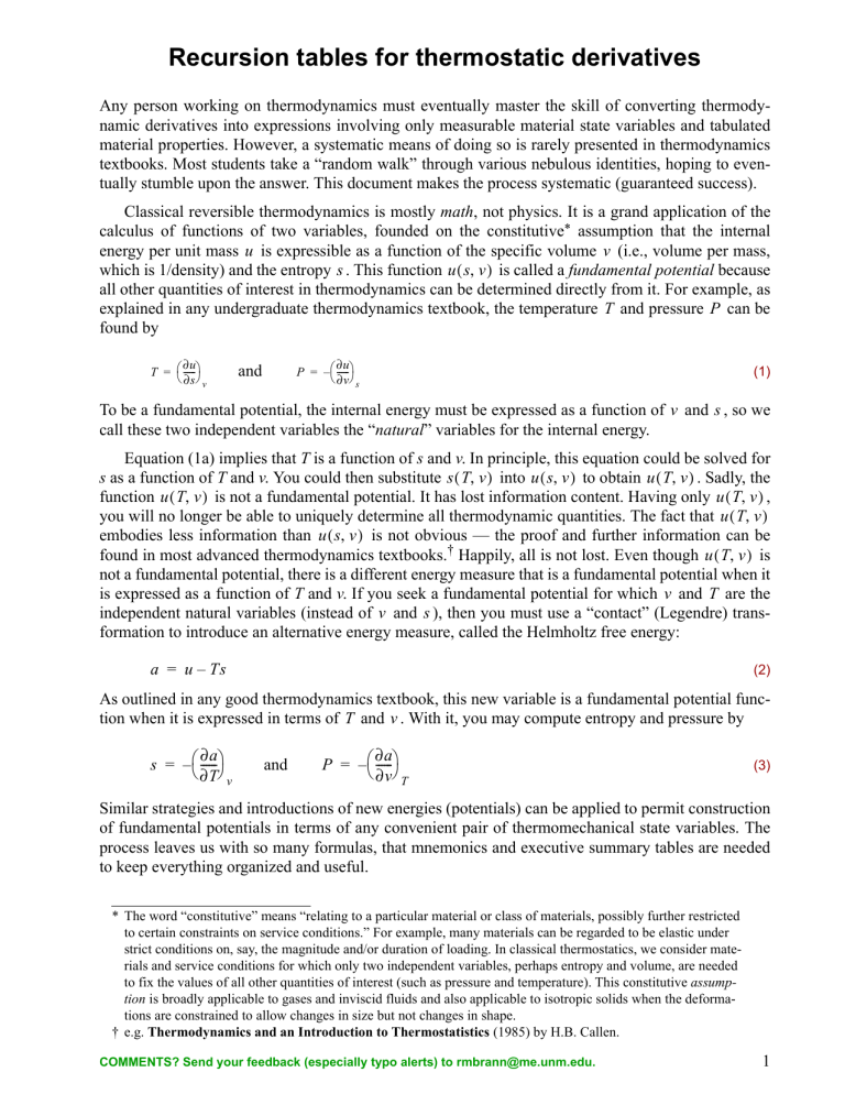 Recursion Tables for Thermostatic Derivatives
