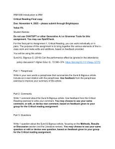 IRM1008 Critical Reading Assignment: Sund & Bignoux Article Analysis