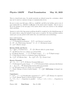 Physics 1302W Final Exam Formulas May 2025