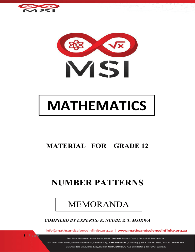 Number Patterns Grade 12 Notes.pdf Grade 12 Maths Number Patterns Memoranda