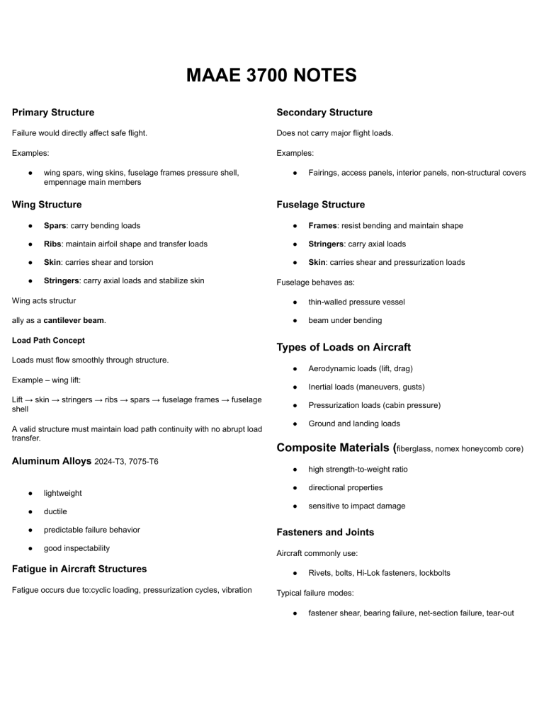 Aircraft Structures Course Notes MAAE 3700
