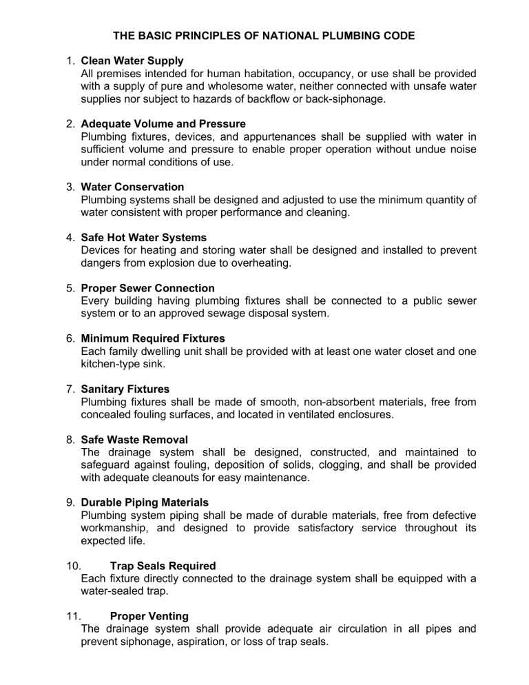 Plumbing Code Notes National Plumbing Code: Basic Principles