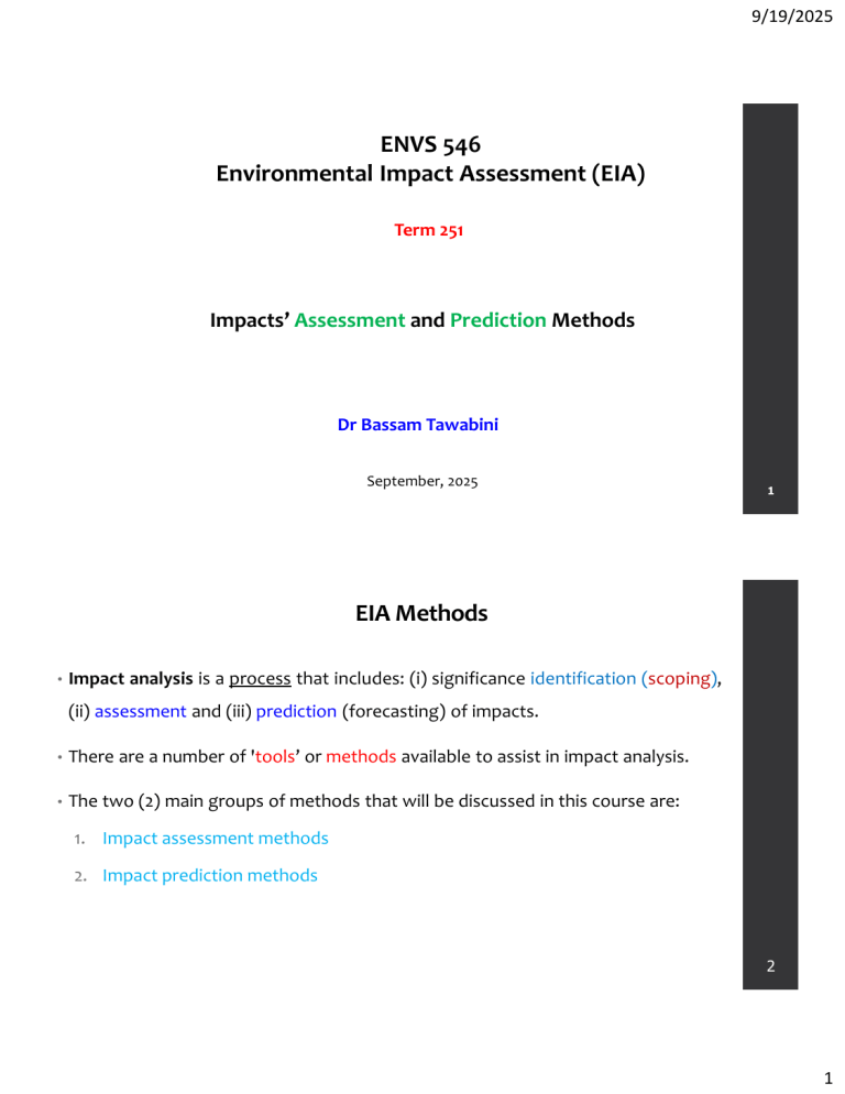 EIA Methods: Impacts Assessment and Prediction