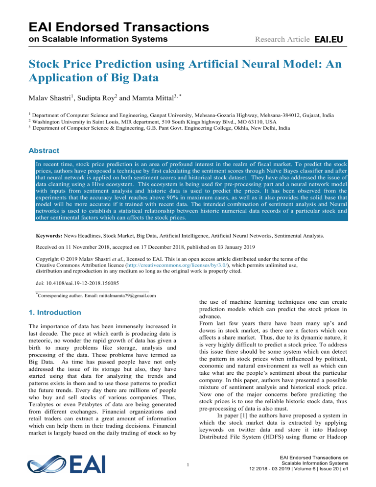 Stock Price Prediction using Artificial Neural Model: Big Data Application