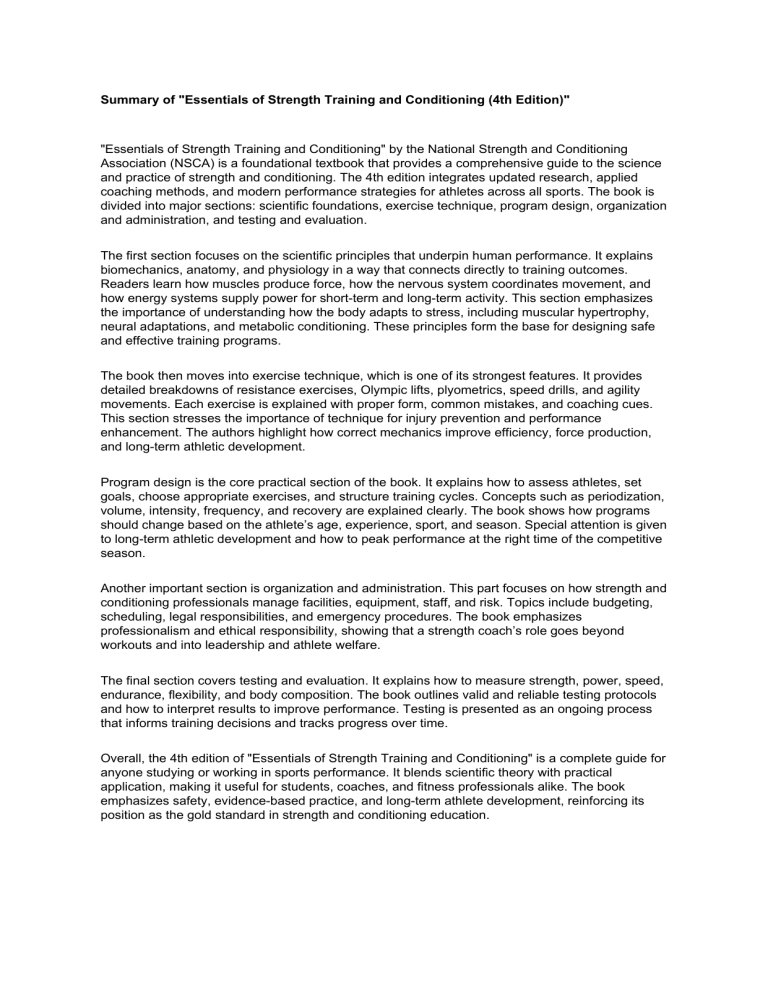 Summary of Essentials of Strength Training and Conditioning 4th Ed