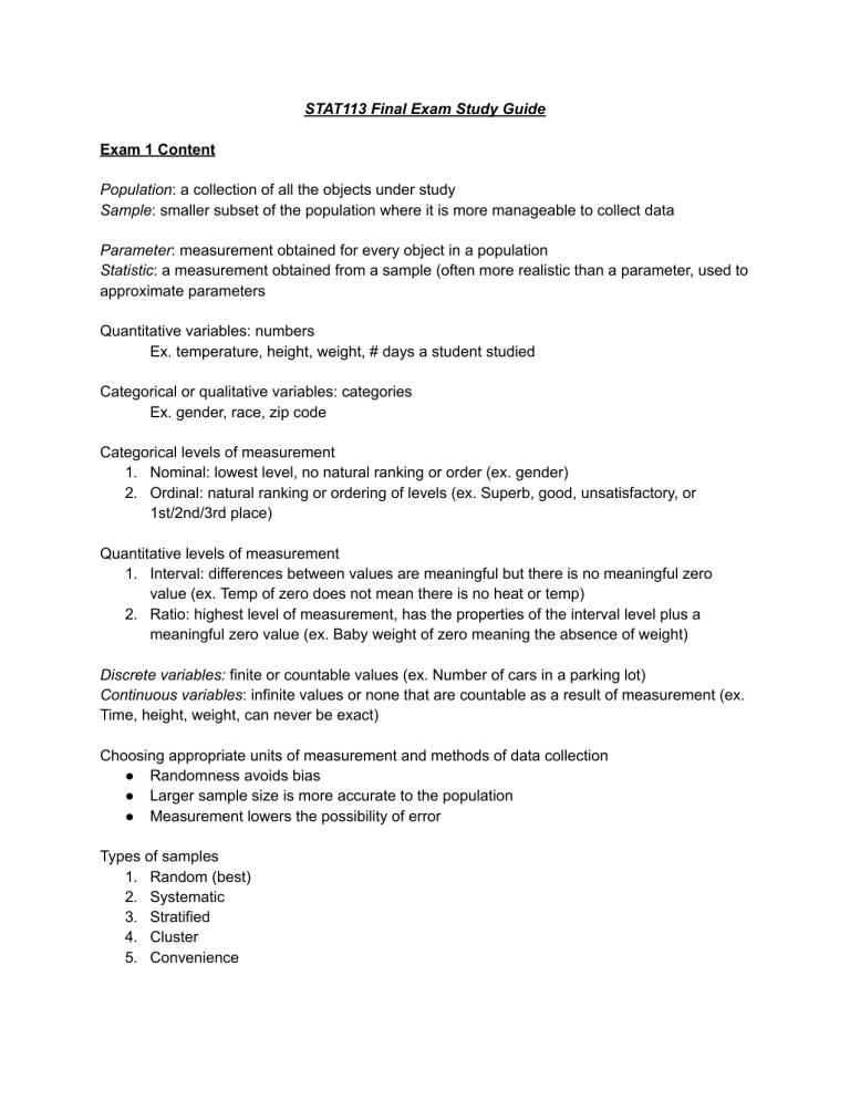 STAT113 Final Exam Study Guide - Exam 1 Content