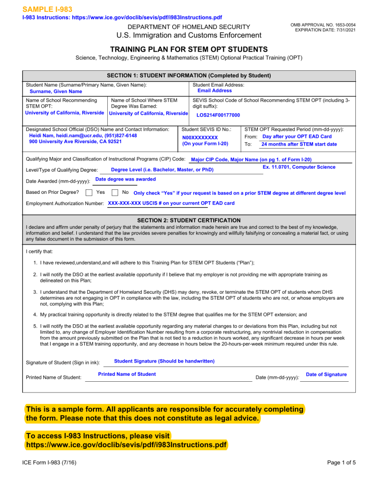 Sample I-983 Form for STEM OPT Students