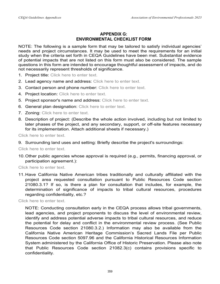 CEQA Appendix G Environmental Checklist Form