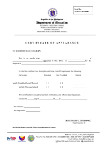 Certificate of Appearance - Tacuyong Sur Elementary School