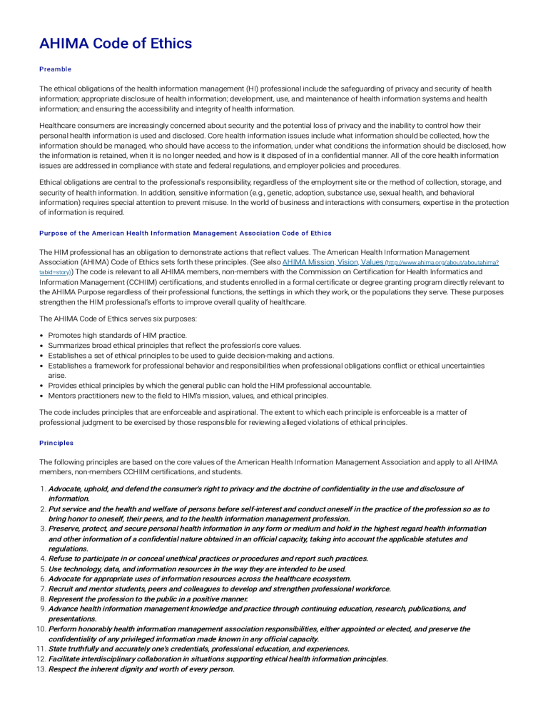 AHIMA Code of Ethics for Health Information Management