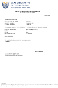 Vaal University Proof of Residence Registration 2026