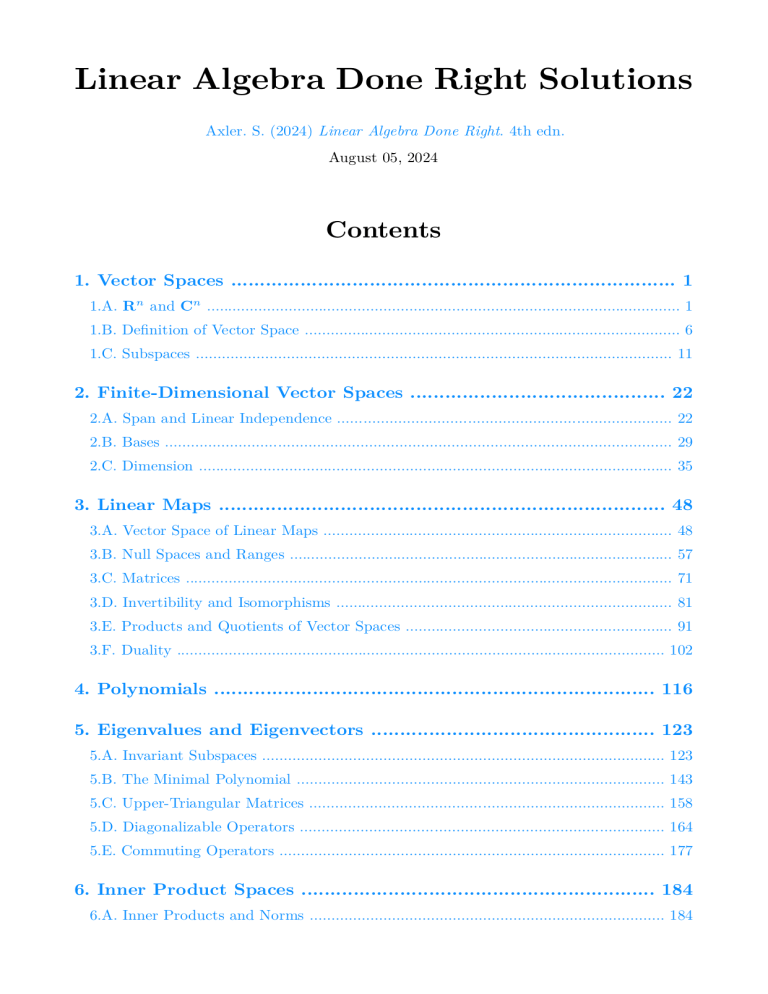 Linear Algebra Done Right Solutions (4th edn) by Axler