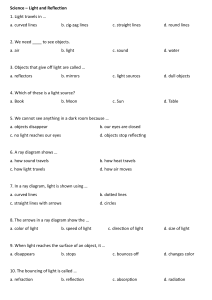 Light and Reflection Science Quiz Worksheet