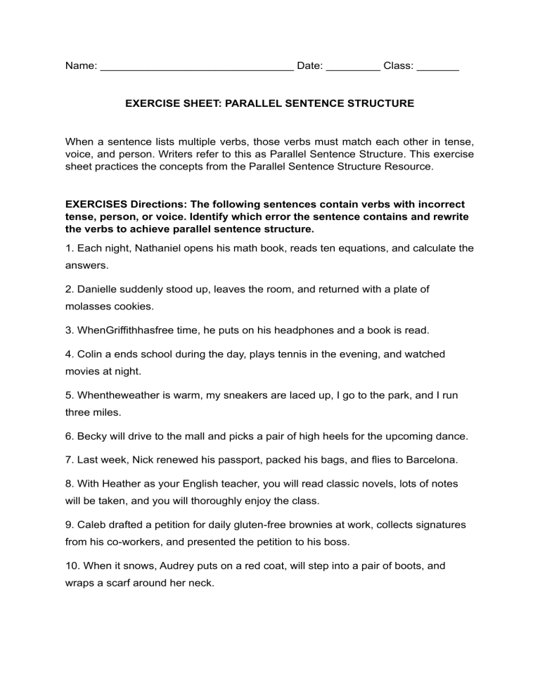 Parallel Sentence Structure Exercise Sheet