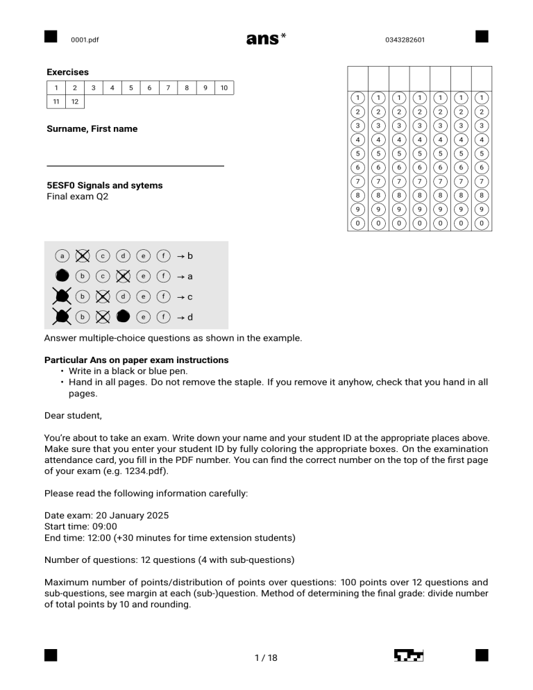 5ESF0 Signals and Systems Final Exam Q2