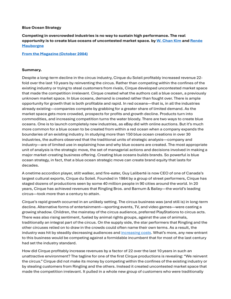 Blue Ocean Strategy: Creating Uncontested Market Space