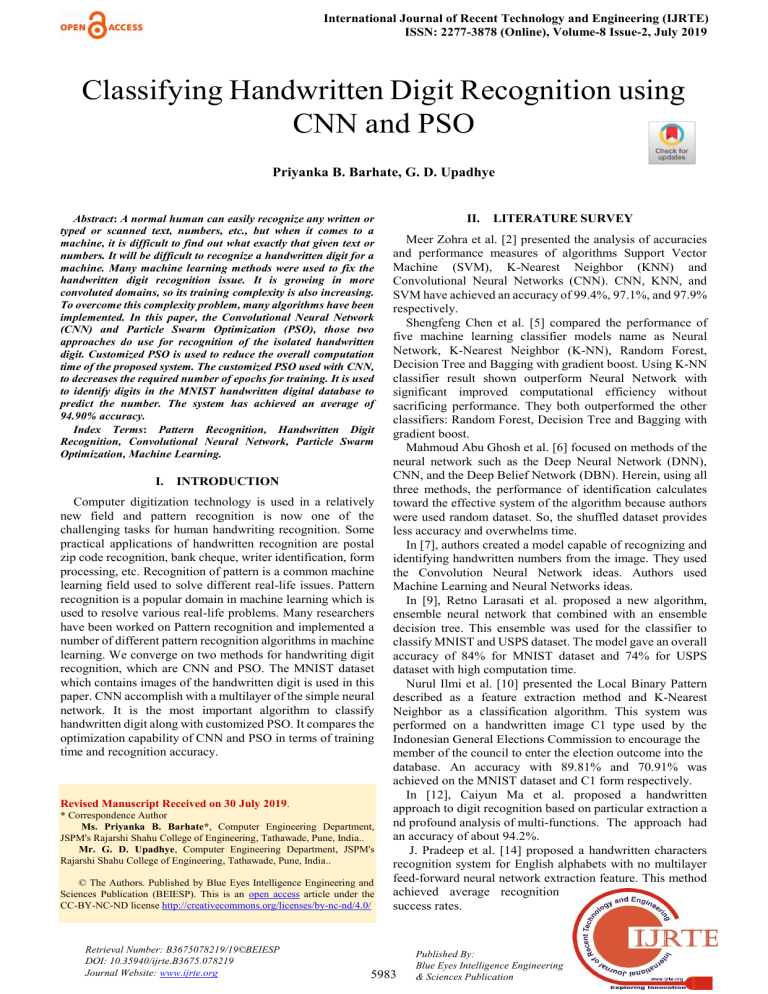 Handwritten Digit Recognition with CNN and PSO