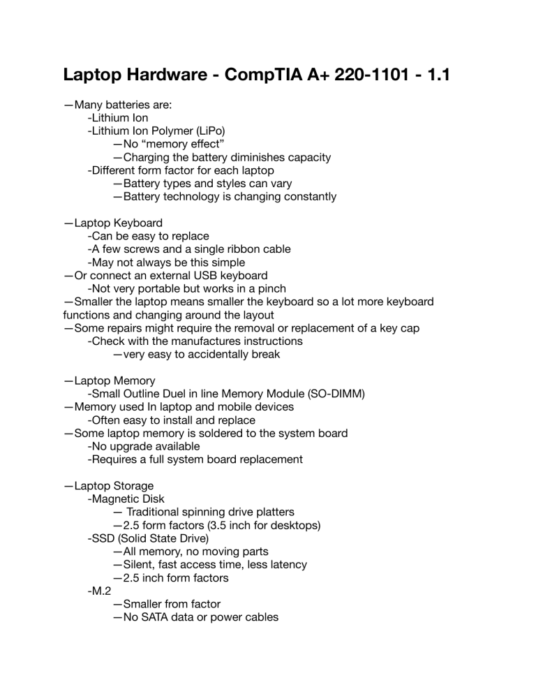 Laptop Hardware - CompTIA A+ 220-1101 - 1.1