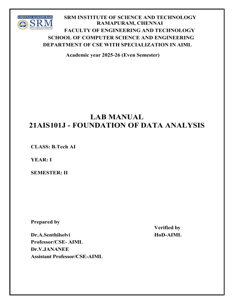 SRM Lab Manual: Foundation of Data Analysis (21AIS101J)
