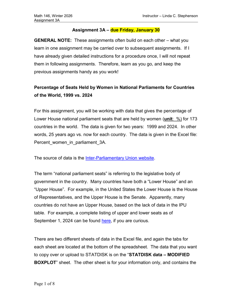 Math 146 Assignment 3A: Women in Parliament Data Analysis