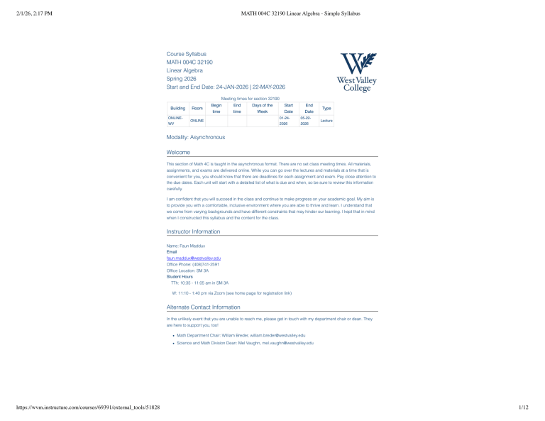 MATH 004C Linear Algebra Syllabus - West Valley College Spring 2026