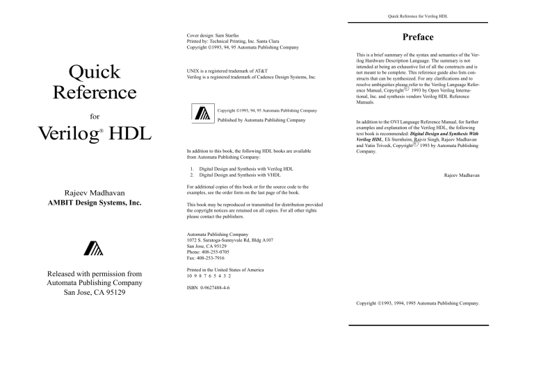 Quick Reference for Verilog HDL