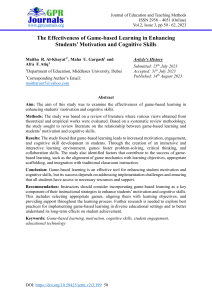 Game-based Learning: Enhancing Student Motivation & Cognitive Skills