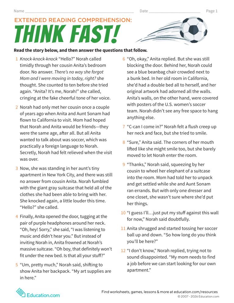 Think Fast! Reading Comprehension Worksheet