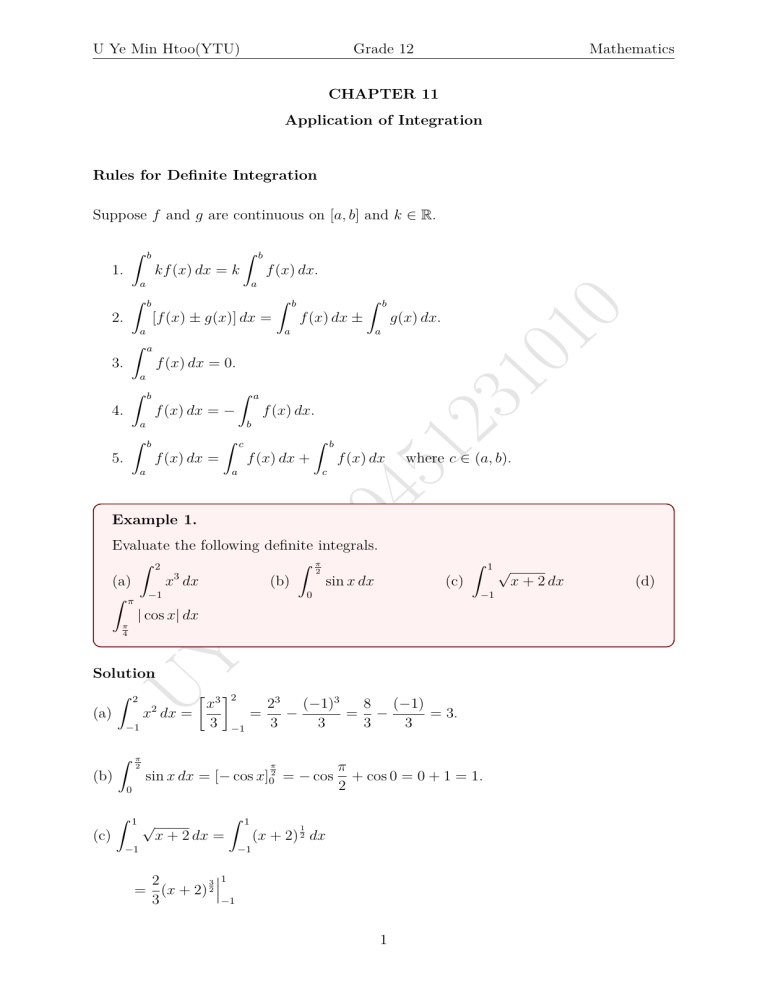 Integration Math 12 Sum Grade 12 Mathematics Chapter 11: Application of Integration