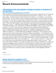 MIT 8.01 Mechanics Recent Announcements - Schedule Change & Section Switching